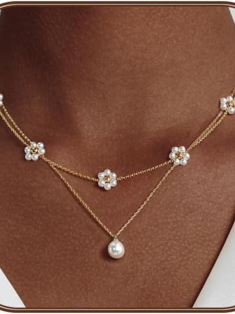 14K Gold Plated Layered Daisy & Dainty Pearl Choker Jewelry